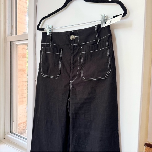 NWT Anthropologie Maeve Colette Linen Wide Leg Pants Black Contrast Stitch 24 - Picture 6 of 14